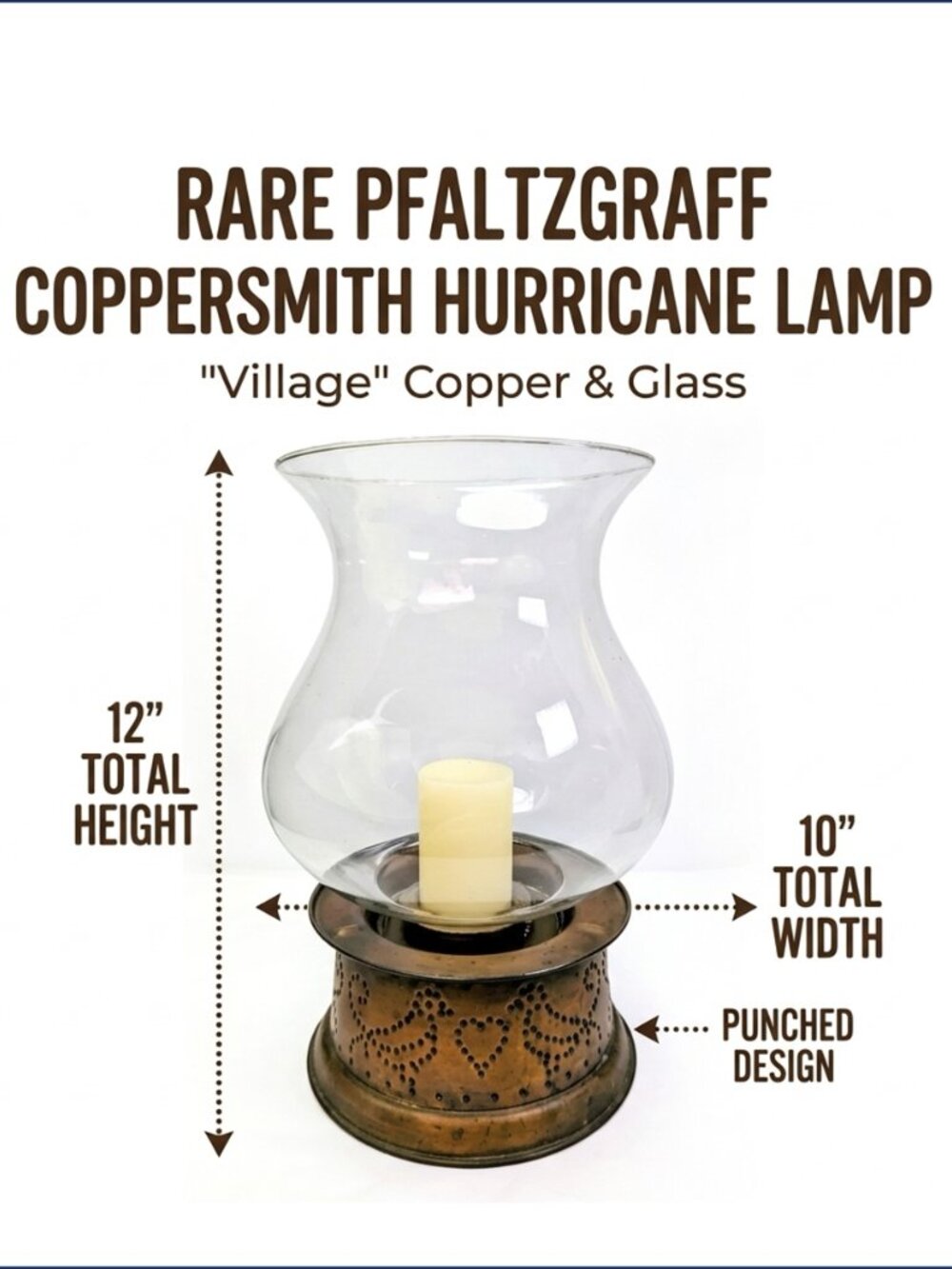 Vintage Pfaltzgraff Village Solid Copper & Glass Candle Holder Hurricane RARE